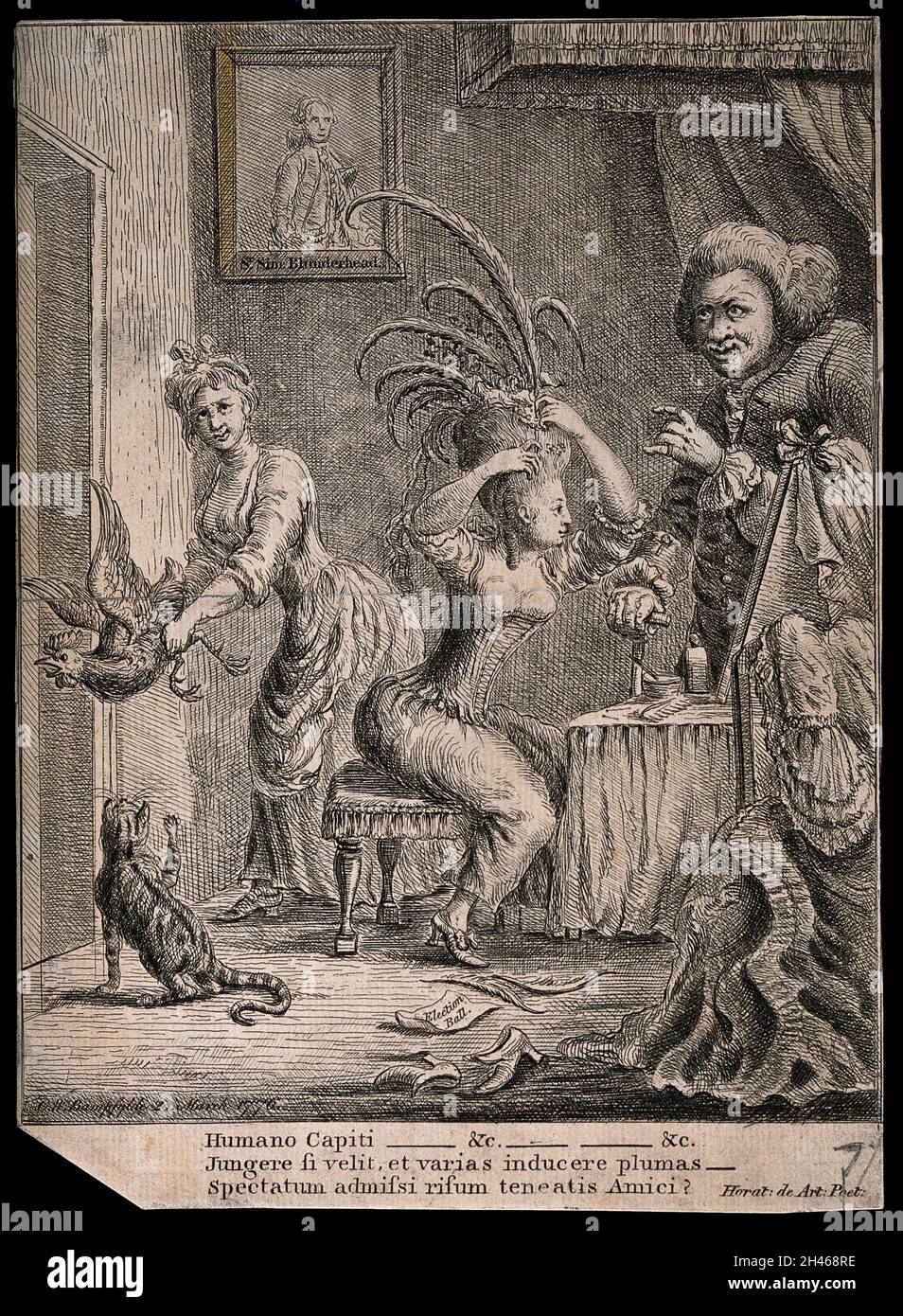 A young woman dressing her hair with feathers; an old man looks on and