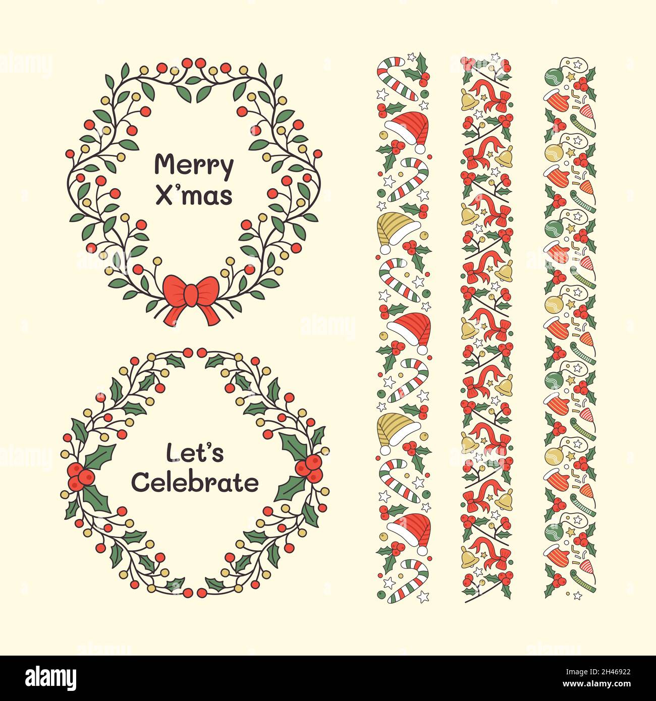 Set of Hand Drawn Christmas Frames and Borders. Stock Vector