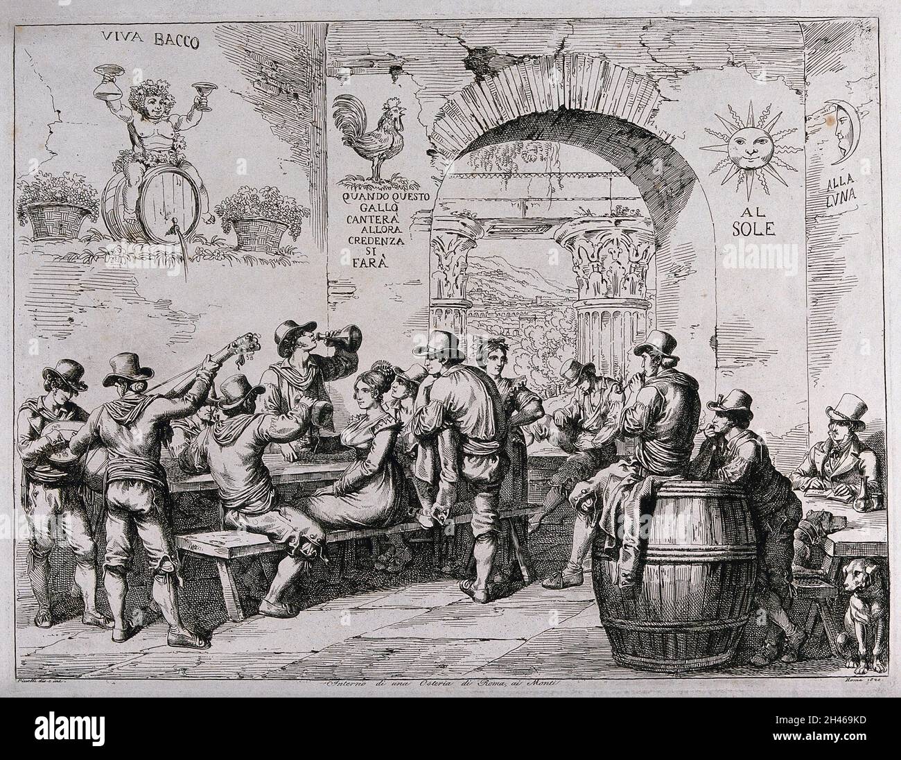 Drinkers and mandolin players in a Roman inn, with landscape seen ...