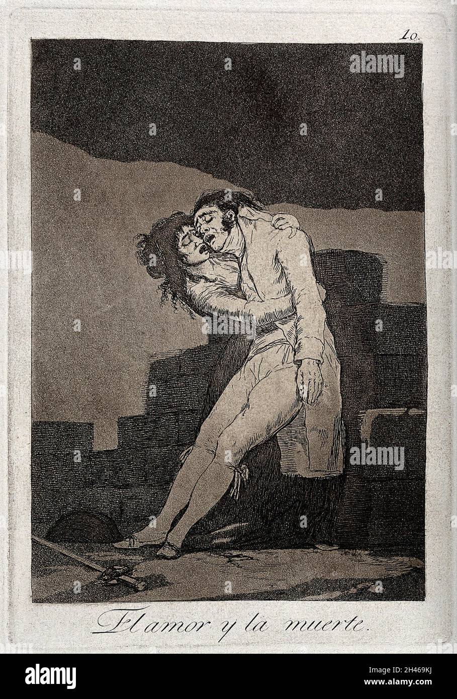 A woman is holding her dying lover; a sword lying at his feet. Aquatint by F. Goya, 1812/1888. Stock Photo