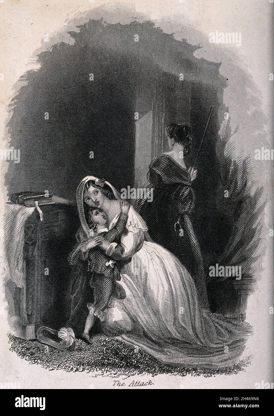 One Woman Protects A Boy While Another Stands Guard By The Door With A
