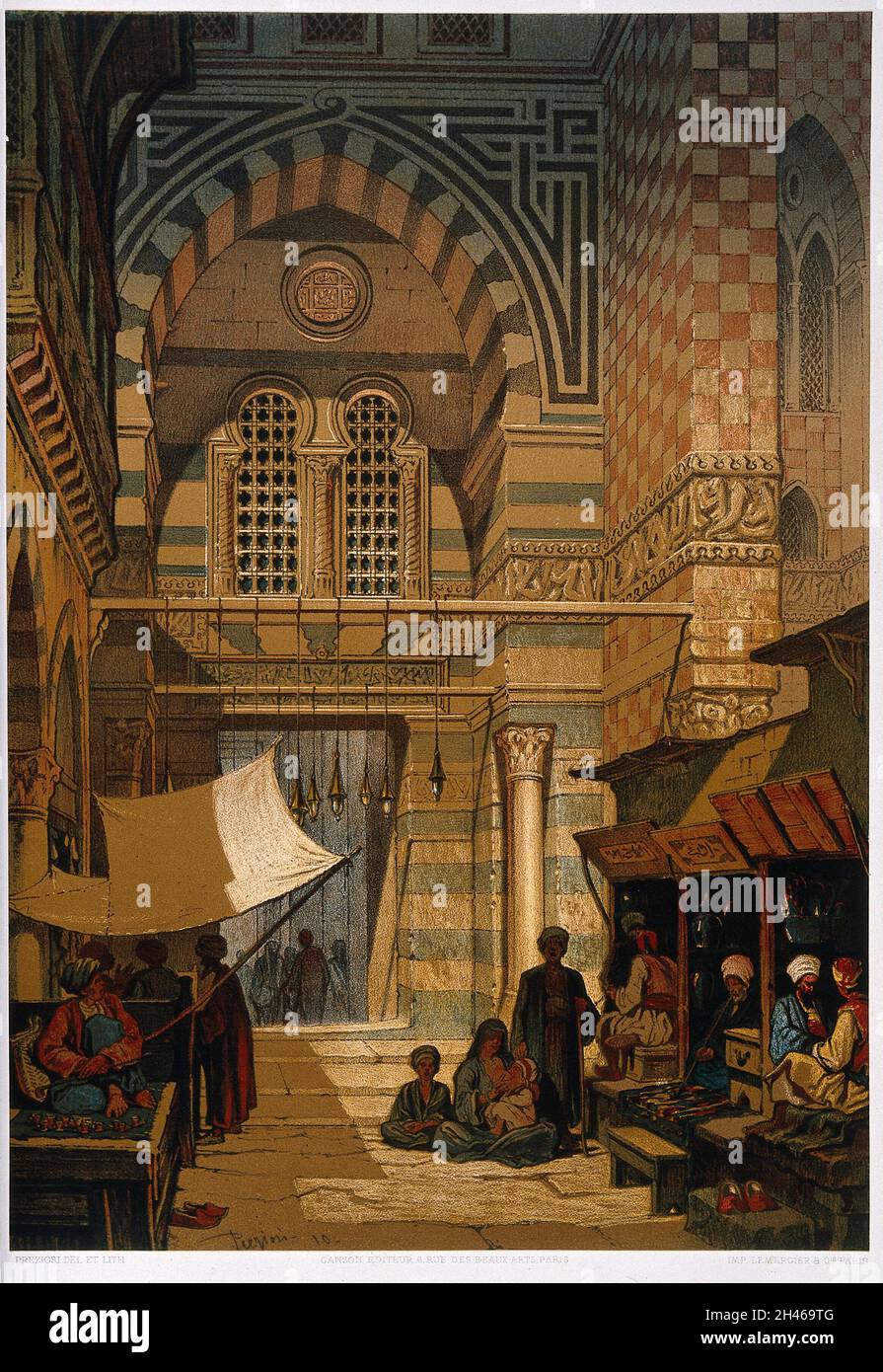 Shops of hashish merchants on a street in Cairo. Chromolithograph by A. Preziosi, c. 1850, after himself. Stock Photo