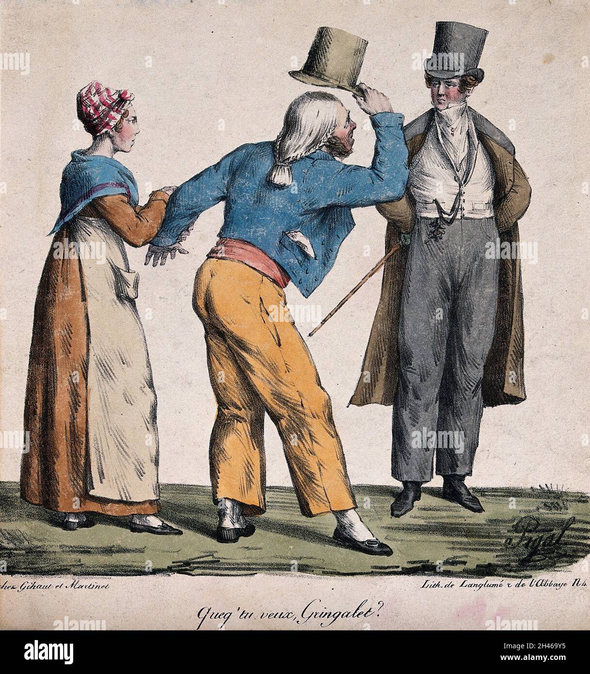 A louche man approaches a well-dressed man who has looked at hs girlfriend and asks him 'What do you want, clown?'. Coloured lithograph by E.J. Pigal. 1822. Stock Photo