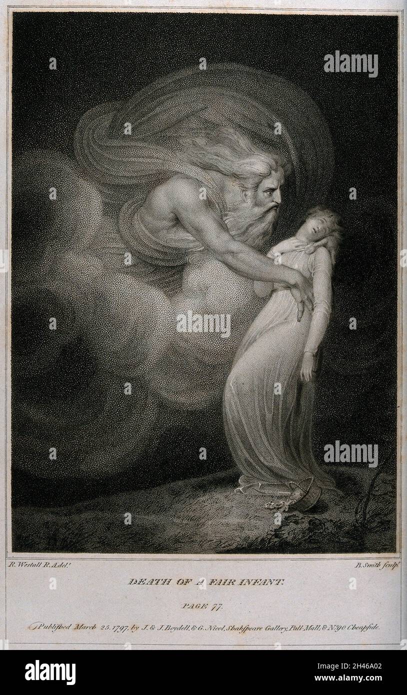 A God-like figure embraces a young fainting girl. Stipple engraving by ...