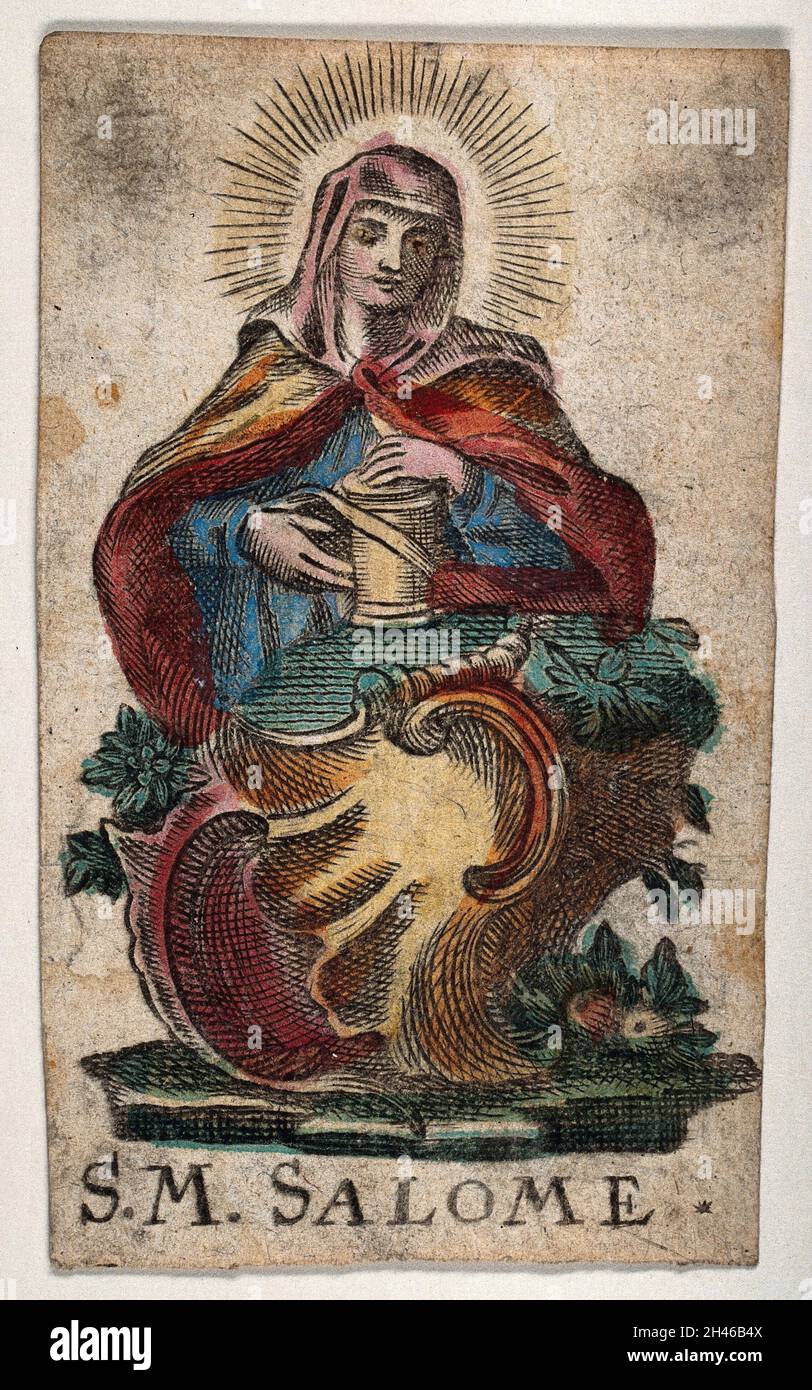 Saint Mary Salome. Coloured etching. Stock Photo