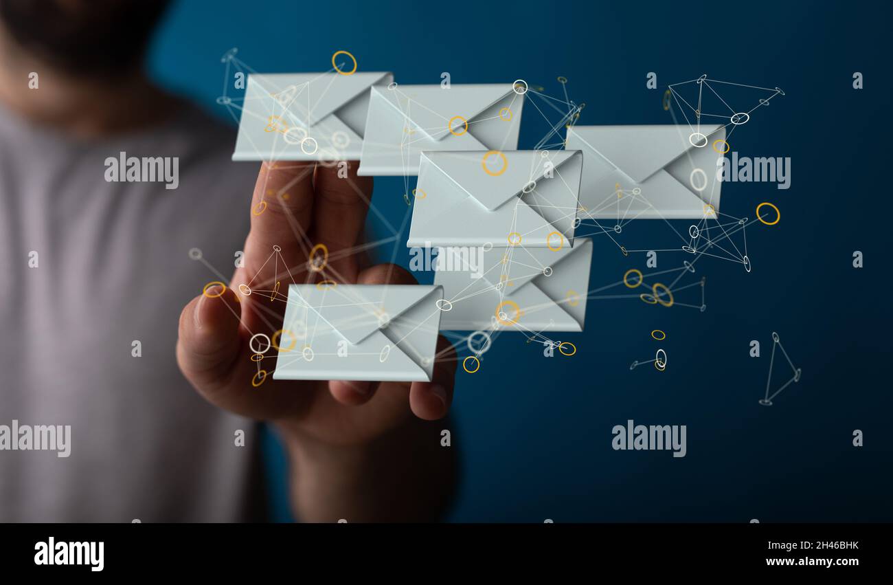 3D rendering of a man pointing at floating email icons - Concept of ...