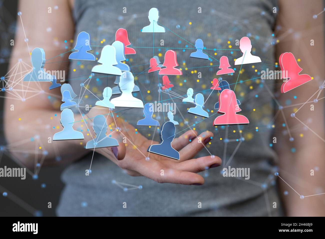 3D rendering of a group of floating people icons on a businesswoman's ...