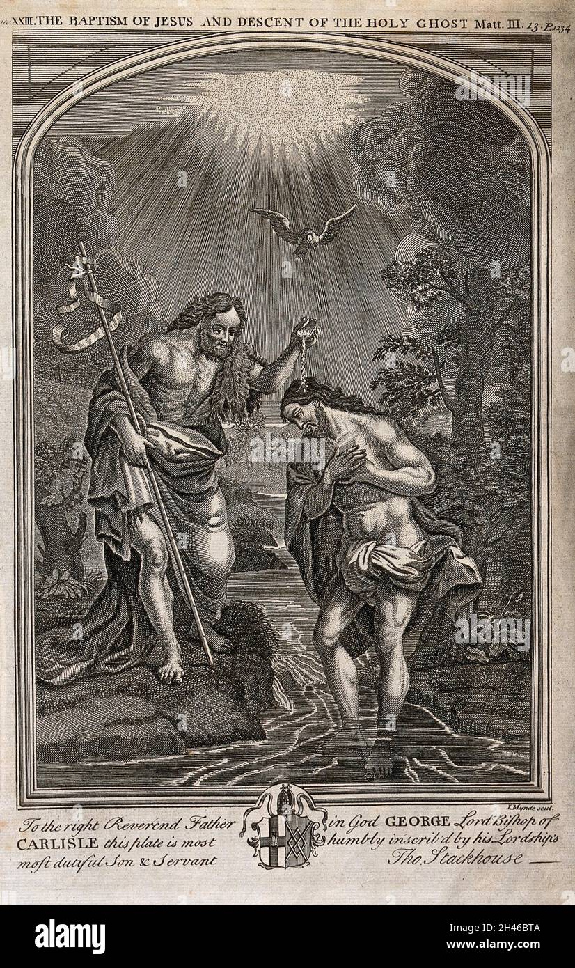 John baptises Christ; the holy spirit descends. Etching by J. Mynde, c. 1737. Stock Photo