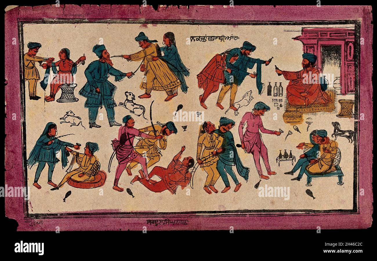 Forms of misbehaviour, drunkeness, debauchery, and violence among Sikhs. Coloured transfer lithograph. Stock Photo