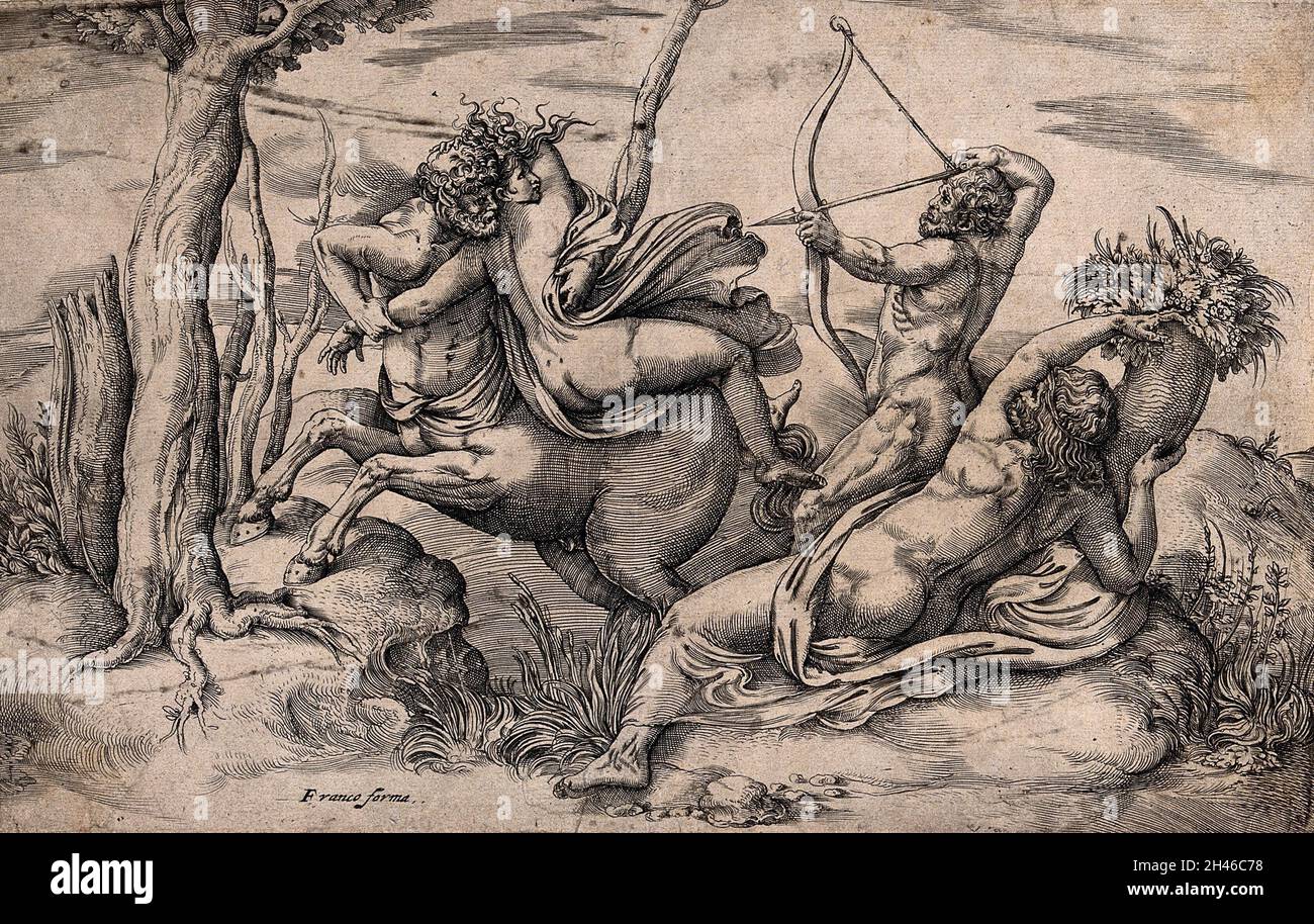 The centaur Nessus being shot by Hercules while carrying off Deianeira ...