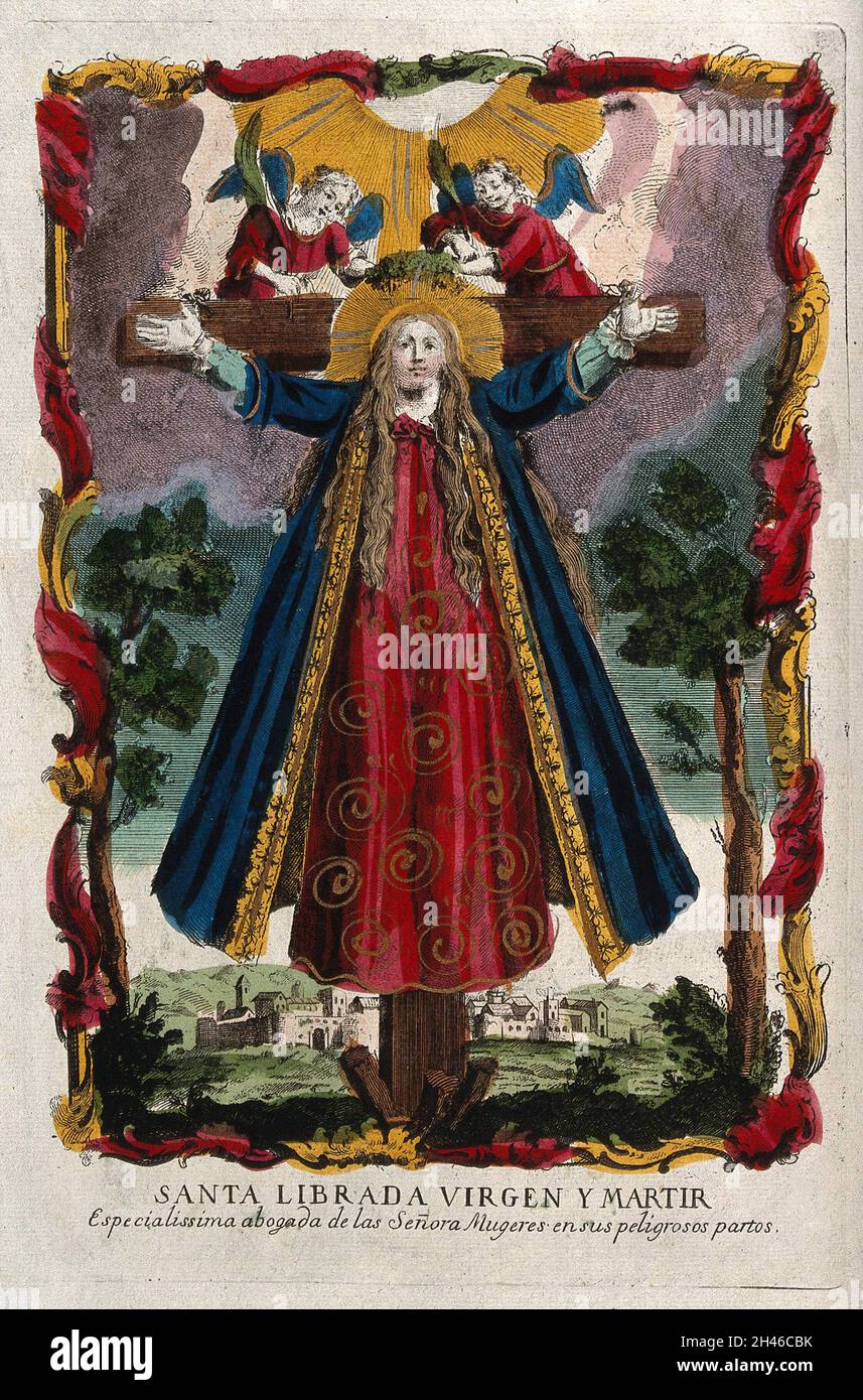 Saint Liberata (Uncumber, Wilgefortis). Coloured etching. Stock Photo