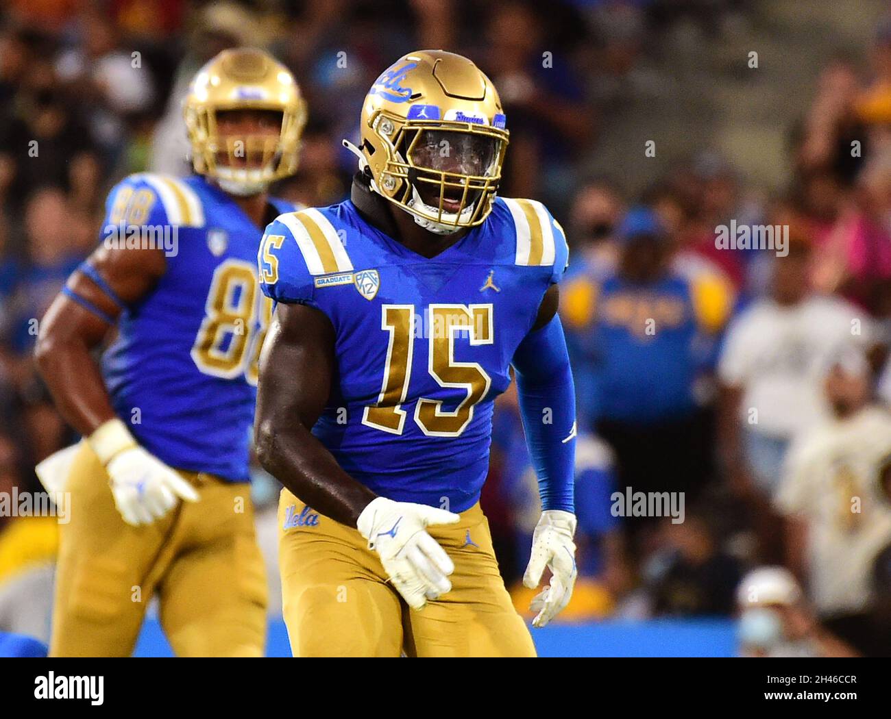 Pasadena, CA. 4th Sep, 2021. UCLA Bruins linebacker (15) Jordan Genmark Heath in action versus the LSU Tigers at the Rose Bowl on September4, 2021. (Absolute Complete Photographer & Company Credit: Jose Marin/MarinMedia.org/Cal Sport Media (Network Television please contact your Sales Representative for Television usage.) (Television usage must over-burn ''MarinMedia'' on the top right corner of the screen to use on television). Credit: csm/Alamy Live News Stock Photo