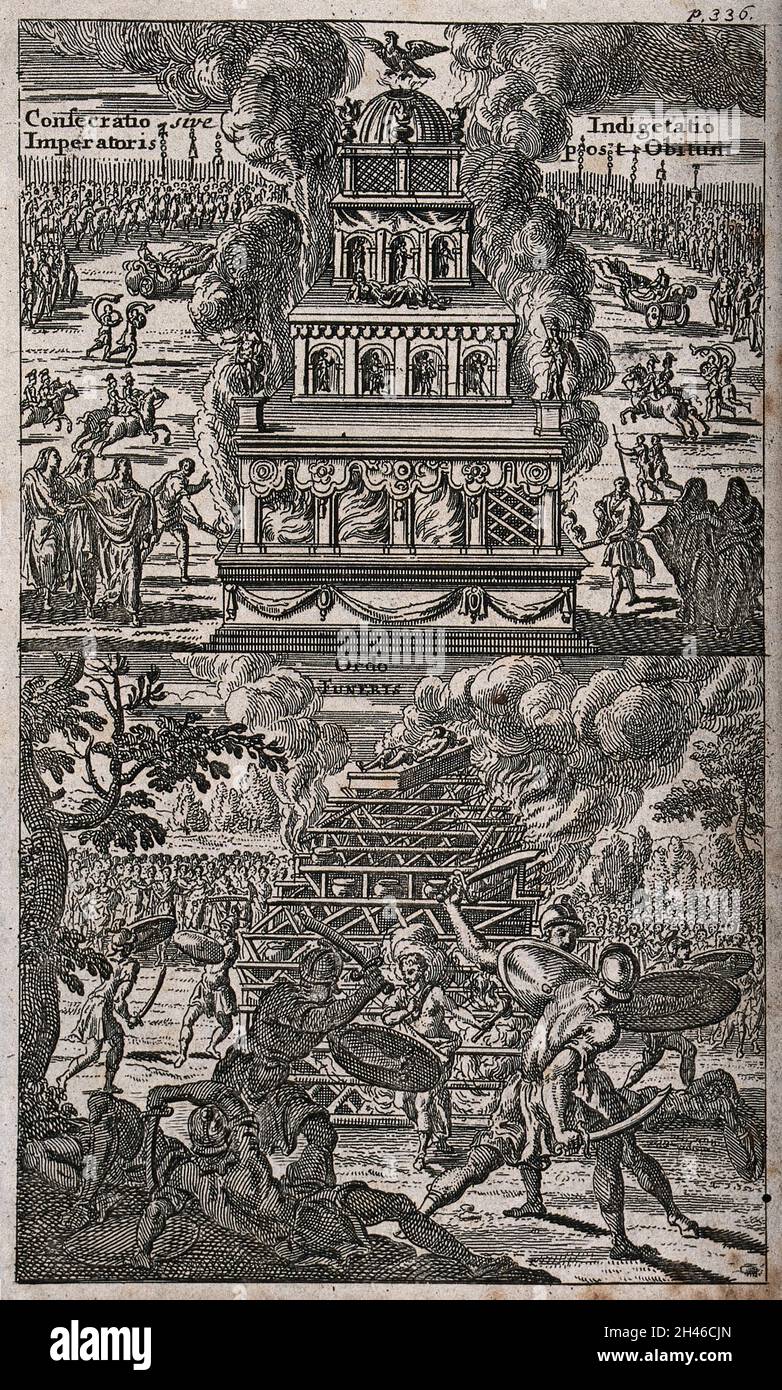 Above, a palatial funeral pyre is set on fire; below, Roman soldiers