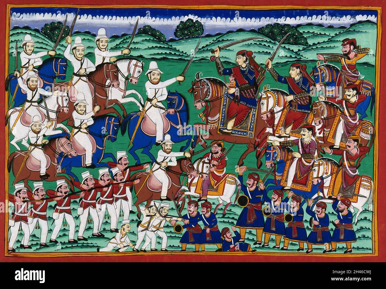 The Rani of Jhansi leads her troops in the siege of Jhansi fort. Gouache painting by an Indian painter, 18--. Stock Photo