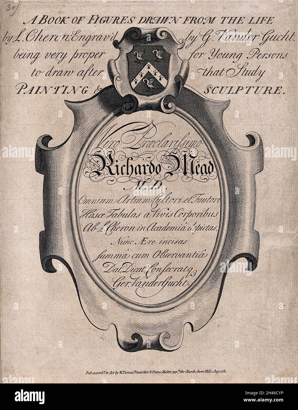 An oval cartouche containing a dedication to Dr Richard Mead. Engraving by G. Vandergucht, 17--. Stock Photo