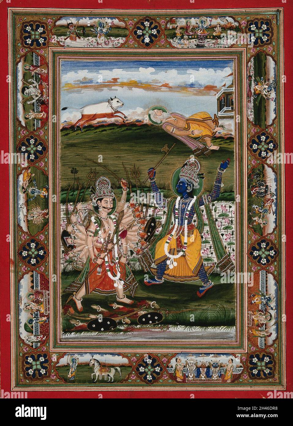 Vishnu in his incarnation as Parasurama, a Brahman (priest) in battle with Kartavirya, a Kshatriya king, to prove the supremacy of Brahmans over Kshatriyas (kings and warriors). Gouache painting by an Indian painter. Stock Photo