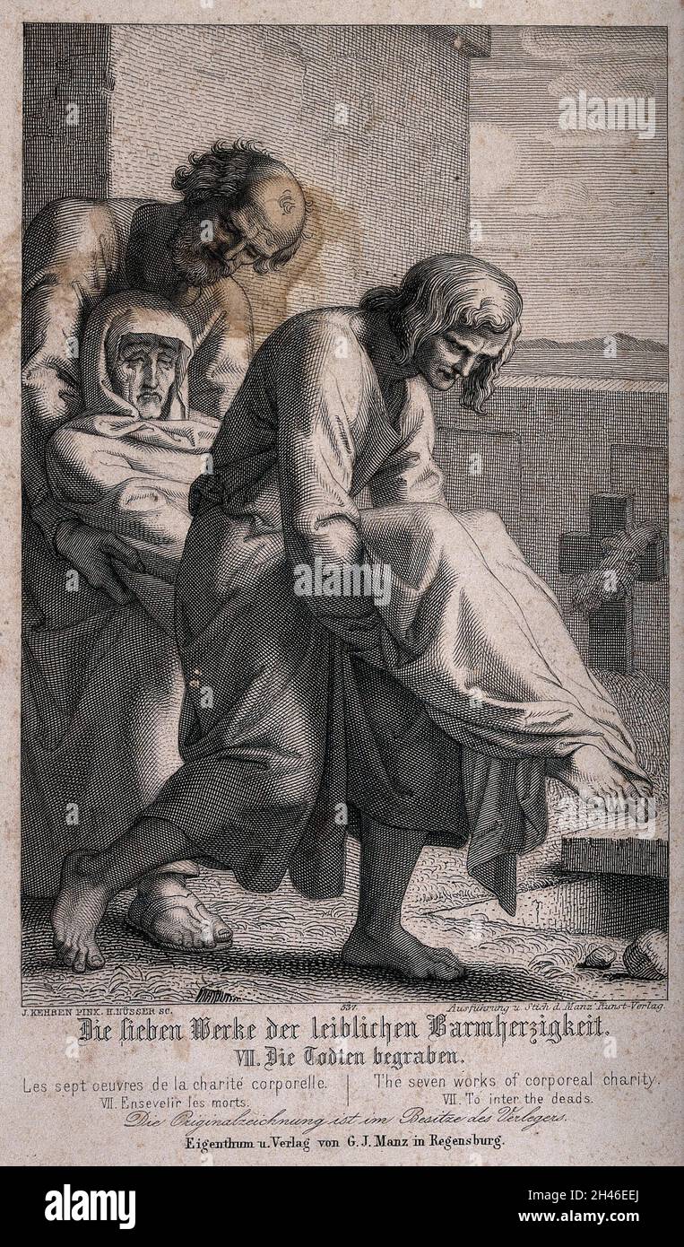 Two men burying the dead as part of the seven works of corporeal charity. Line engraving with etching by H. Nüsser after J. Kehren. Stock Photo