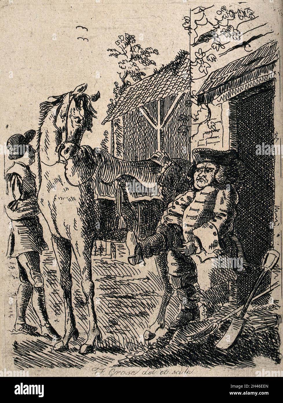 A man is pulling on a pair of riding boots at which the horse looks quizzically at him. Etching