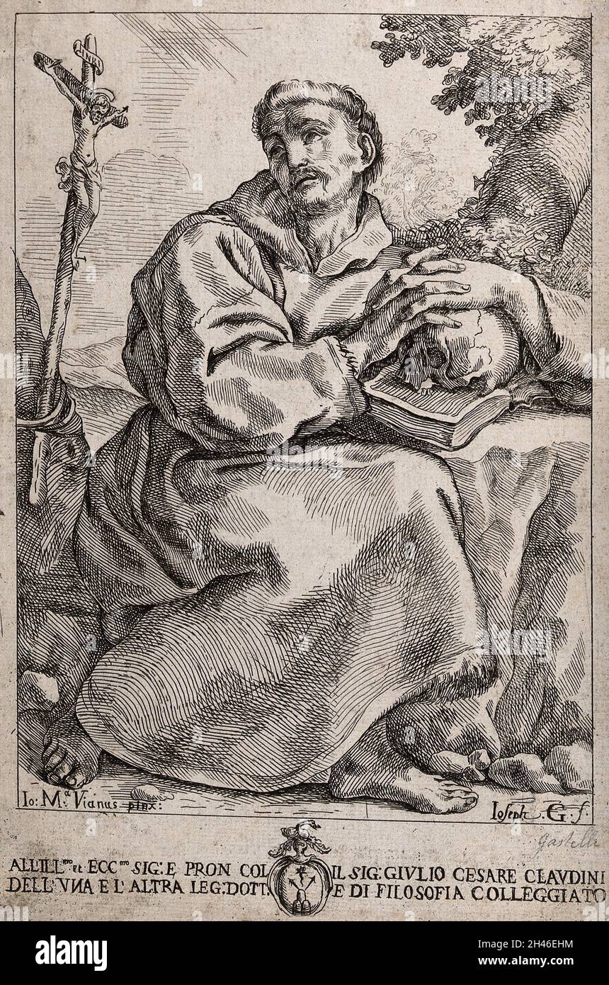 Saint Francis of Assisi, holding a skull, contemplating a crucifix