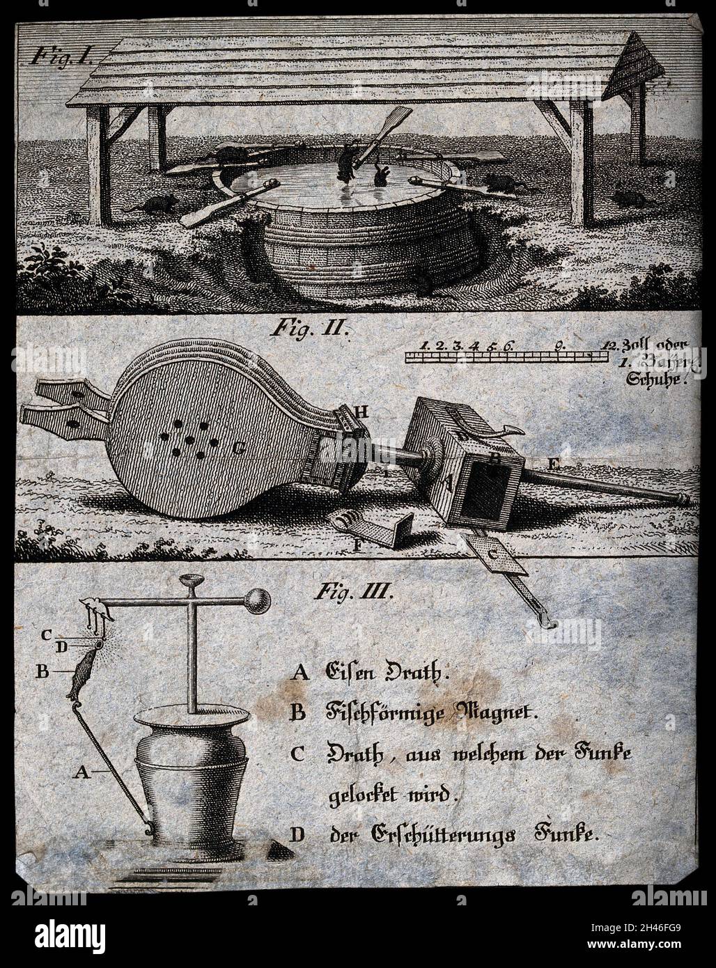Inventions: a rat-trap (top) a bellows (centre) and an electrical ...