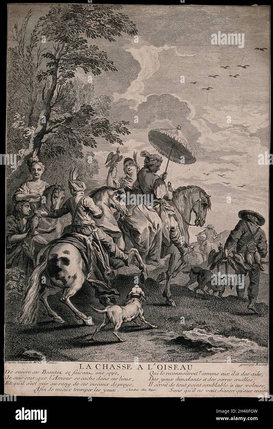 A Hunting Party With Falcons Engraving By S F Ravenet After Carle Vanloo Stock Photo Alamy