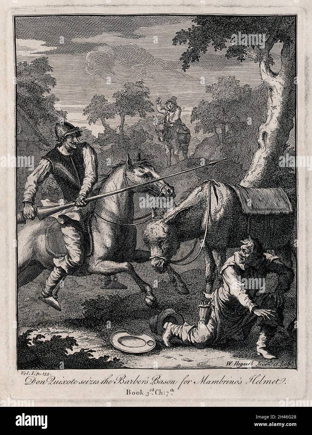 Don Quixote with a lance riding a horse attacks a barber. Engraving by
