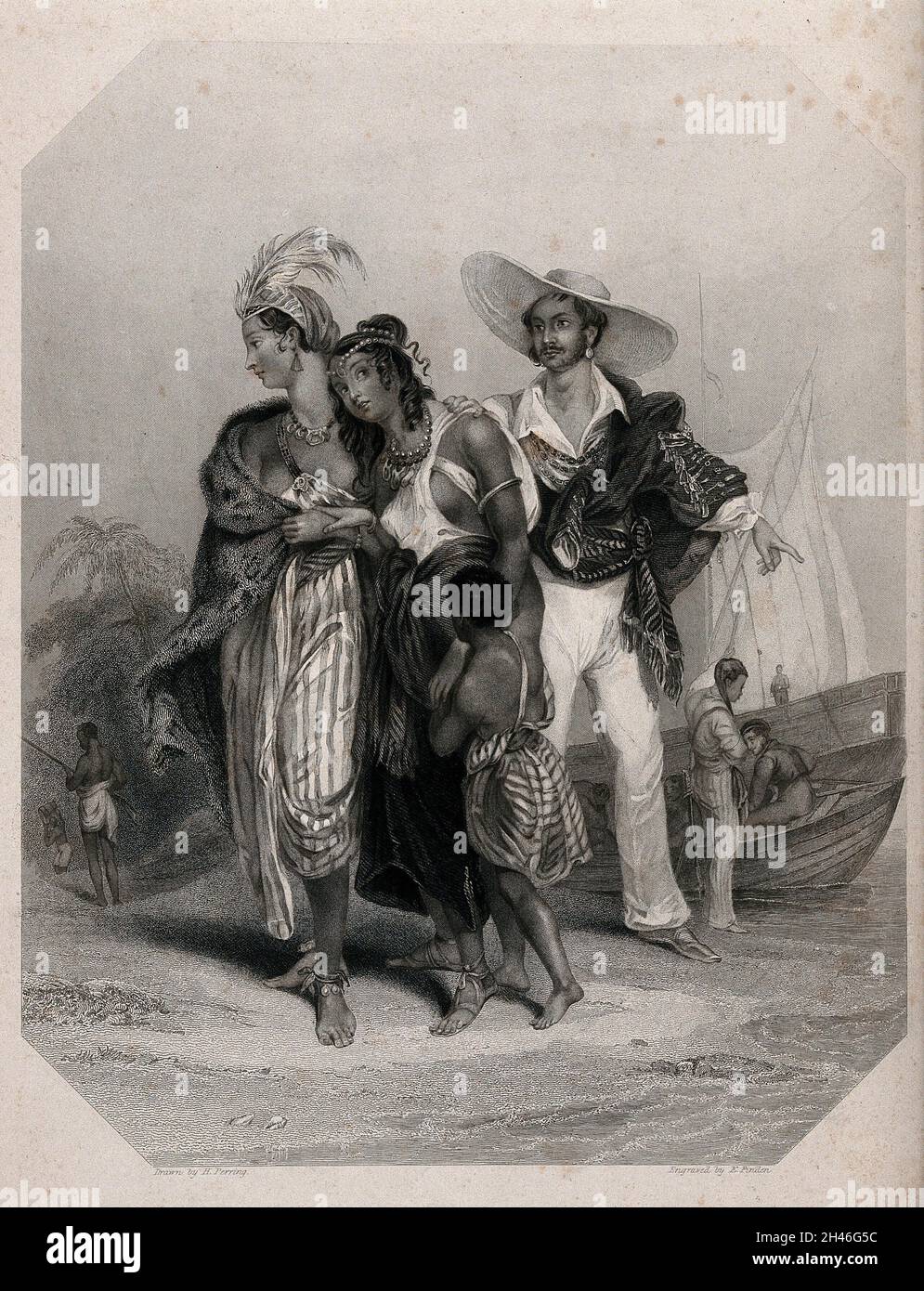 Two black women and a boy on Lake Chad are about to be led away into slavery by a Spaniard. Stipple engraving by E. Finden, 1843, after Perring. Stock Photo