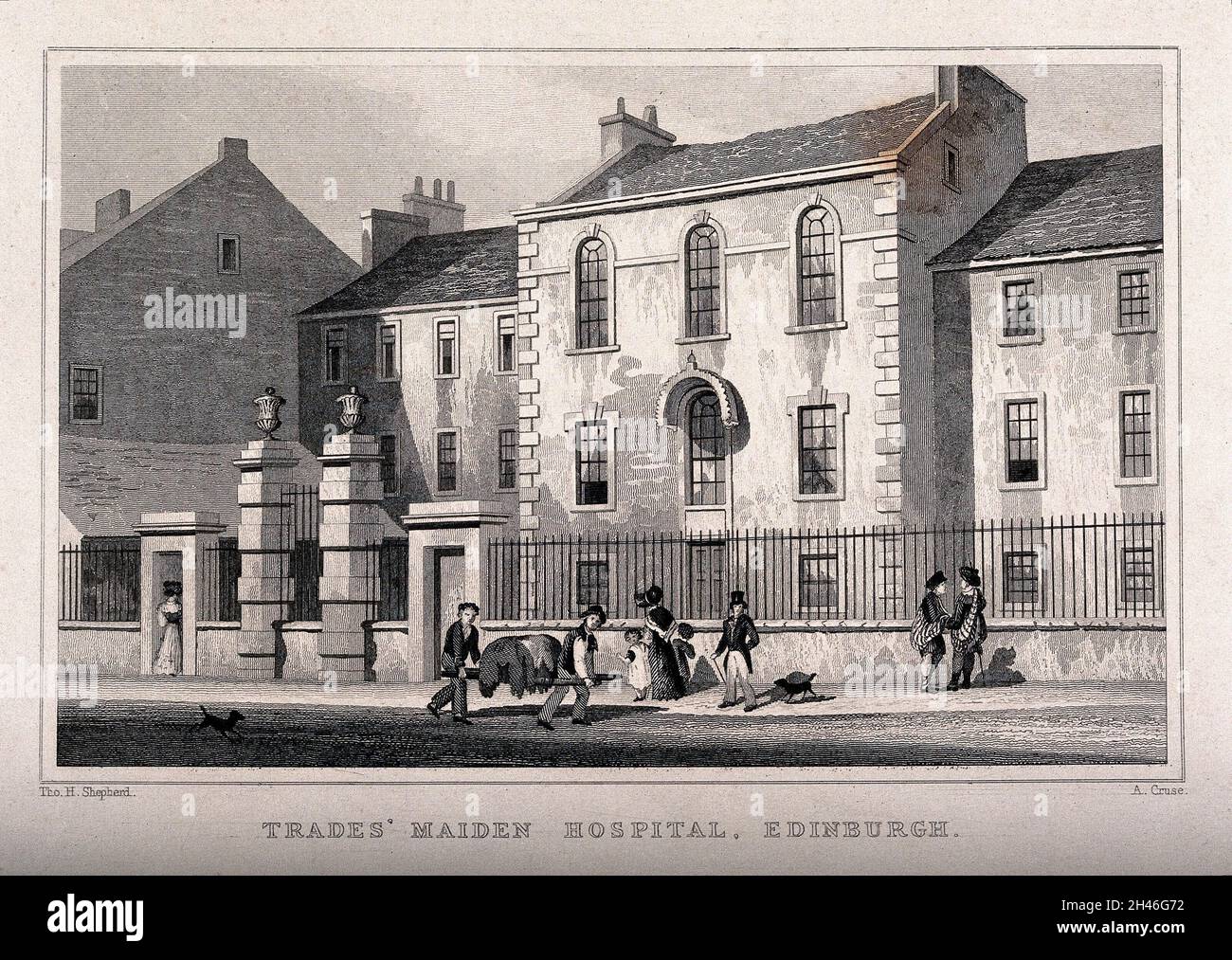Figures standing outside the Trades' Maiden Hospital, Edinburgh, Scotland. Line engraving by A. Cruse after T.H. Shepherd. Stock Photo