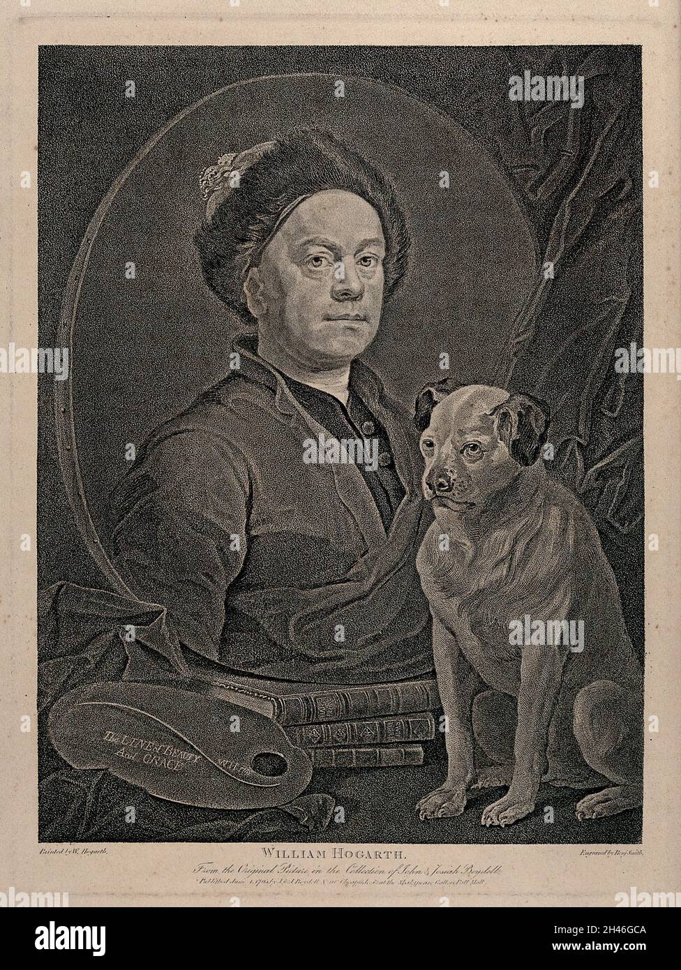 Self-portrait of W. Hogarth in a Montero cap, with his dog Trump. Stipple engraving by B. Smith after W. Hogarth. Stock Photo