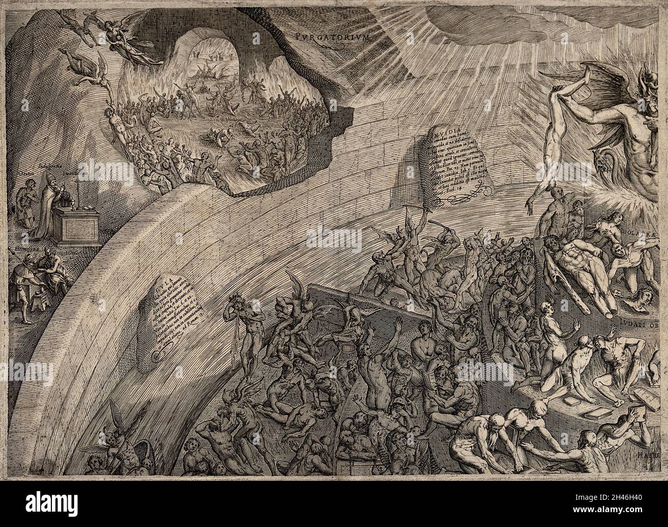 The levels of hell depicted as circular stone tiers; purgatory lies outside its walls. Engraving