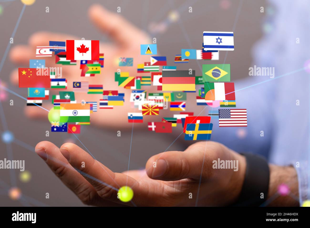 Person presenting the virtual projection of international country flags ...
