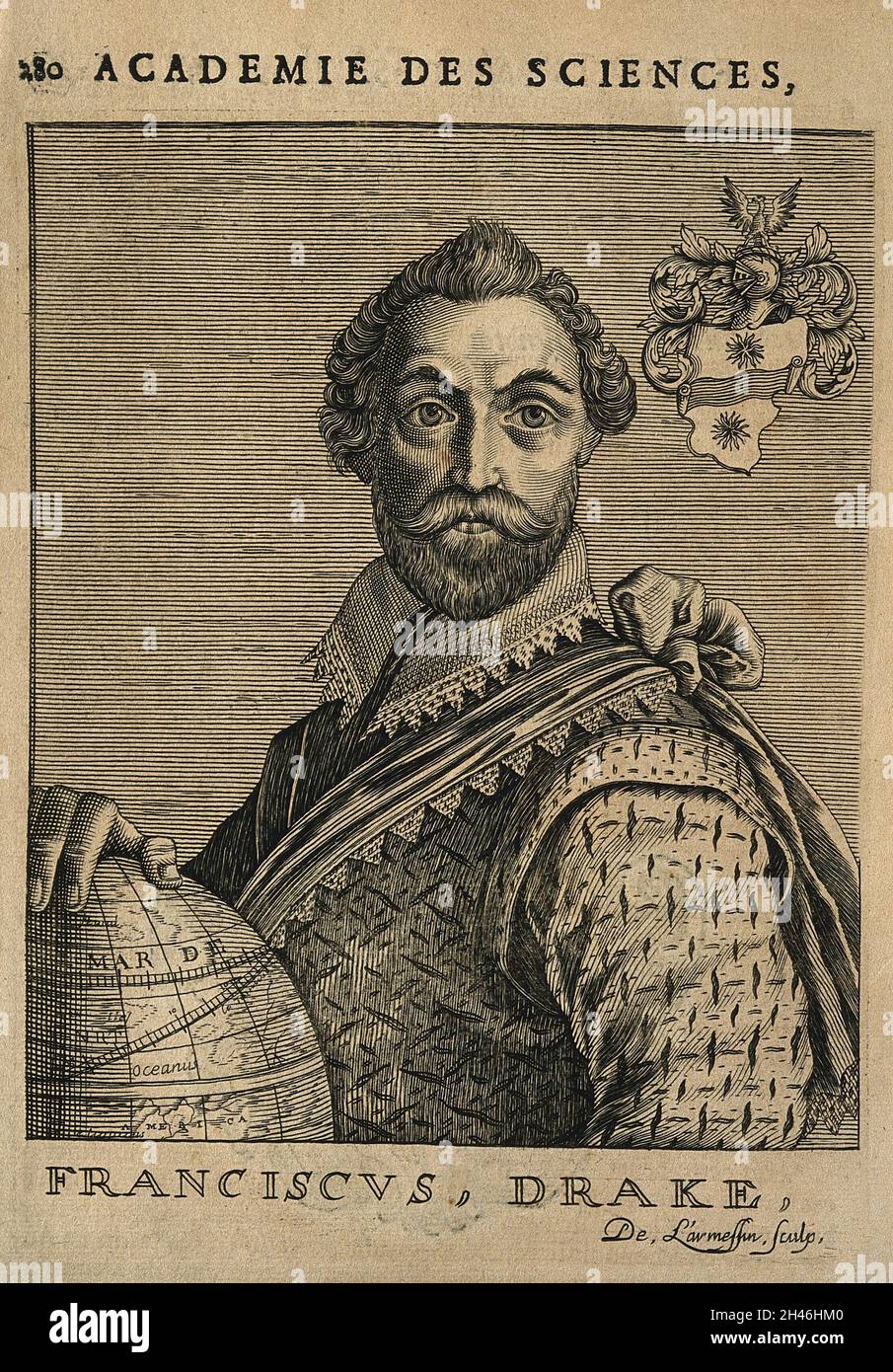 Sir Francis Drake. Line engraving by N. de Larmessin, 1682 Stock Photo ...