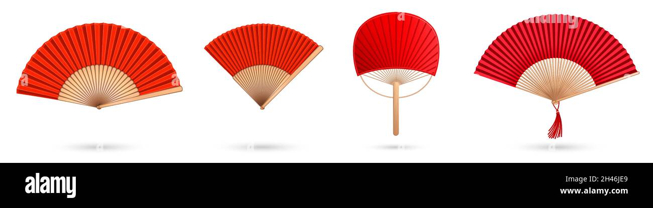 Chinese hand fan red and gold isolated handheld souvenir from China or Japan, folding paper or silk blower. Traditional oriental collection asian geisha foldable decor, Realistic 3d Vector mock up Stock Vector