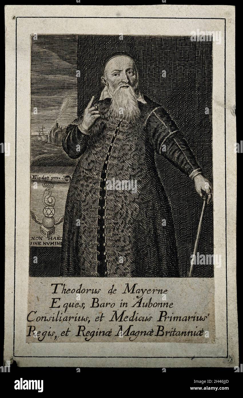 Sir Theodore Turquet de Mayerne. Line engraving, 1731, after F. Diodati. Stock Photo