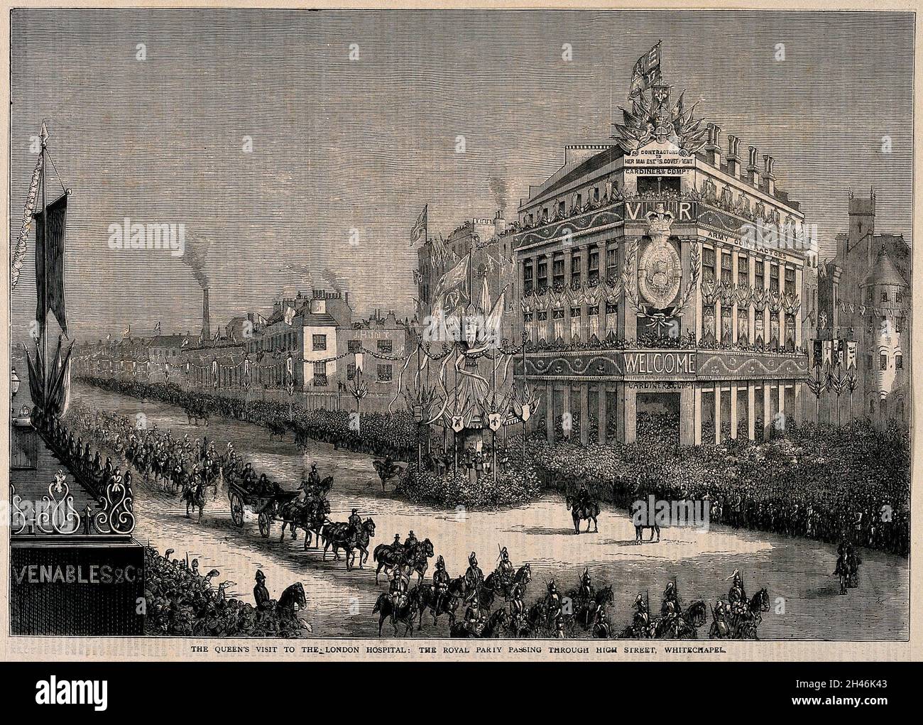 The London Hospital, Whitechapel: Queen Victoria returning in procession from the hospital. Wood engraving, 1876. Stock Photo