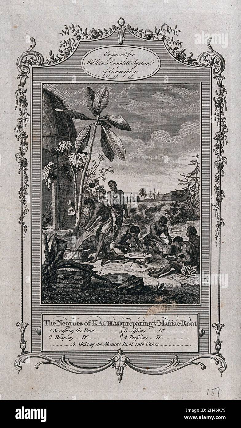 Workers preparing cakes from manioc root in the tropics, with decorative border. Engraving, c. 1777. Stock Photo