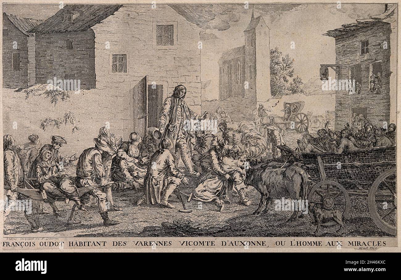 François Oudot, Viscount of Auxonne, healing and exorcising people in a village square. Etching, 1760, after F. Devosge. Stock Photo