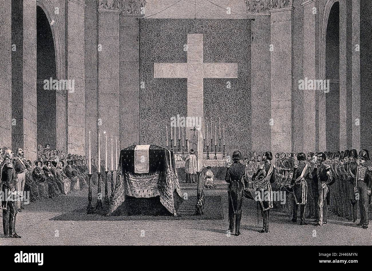 Ceremony around the coffin containing the remains of Napoleon Bonaparte in the Chapel of St. Jerome in Paris. Lithograph by J. Arnout. Stock Photo