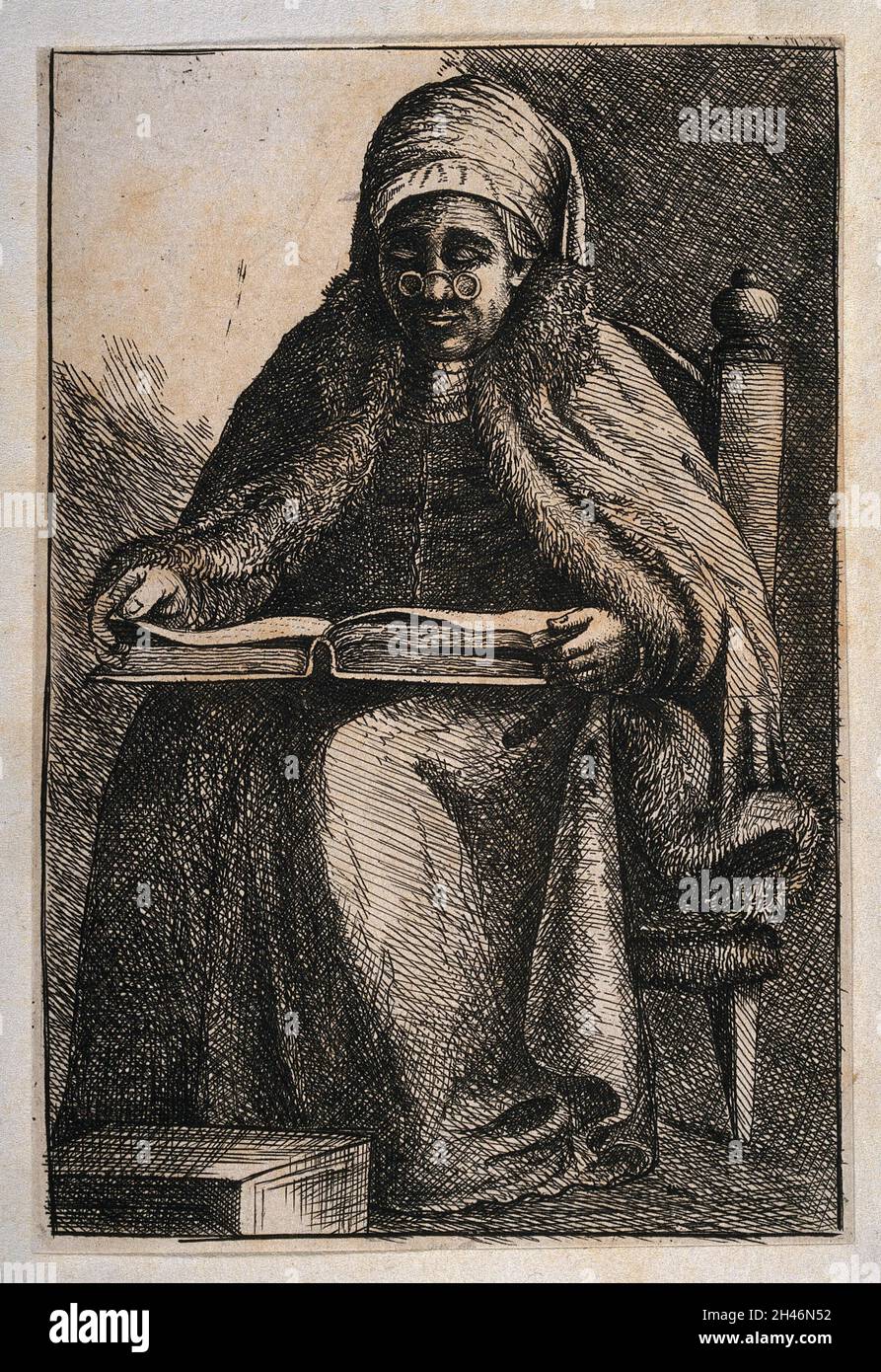 an-old-woman-sitting-and-reading-a-book-etching-after-rembrandt-stock