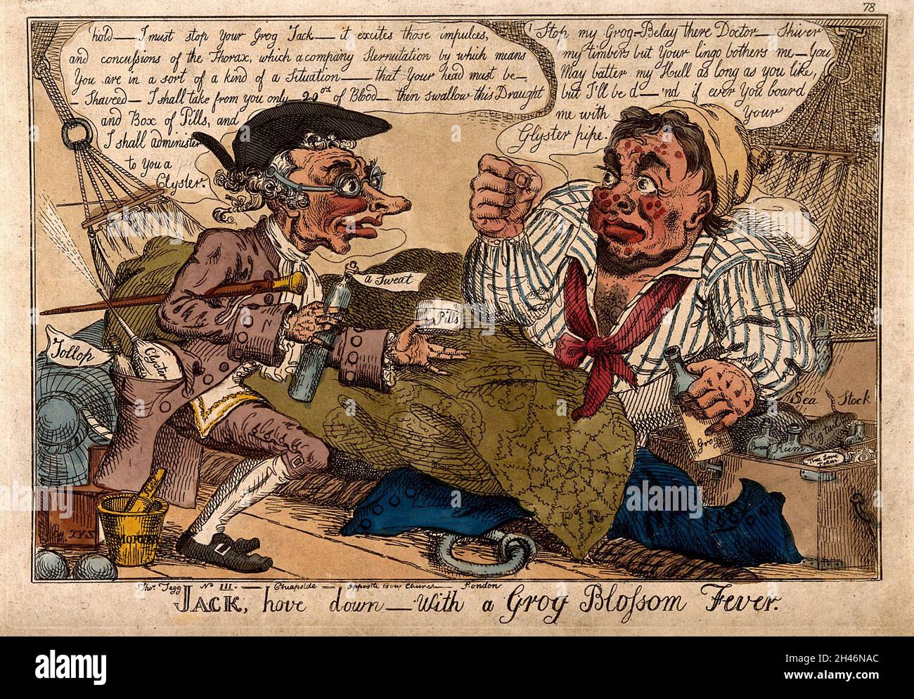 A doctor trying to administer medicines to a drunken, carbuncled sailor. Coloured etching by W. Elmes after XYZ. Stock Photo