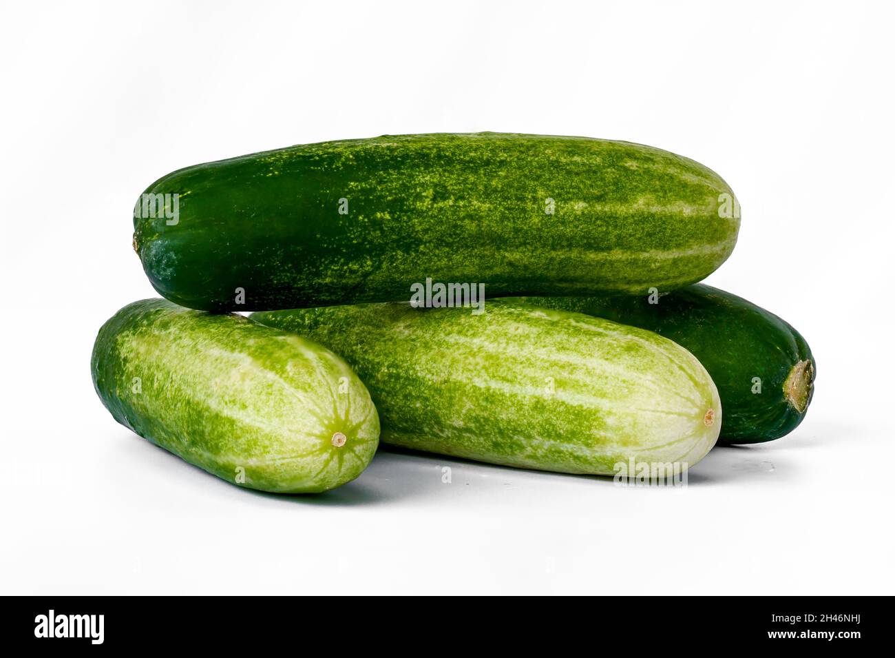 Four cucumbers for greens, in a stack composition, isolated on a white background, copy space Stock Photo