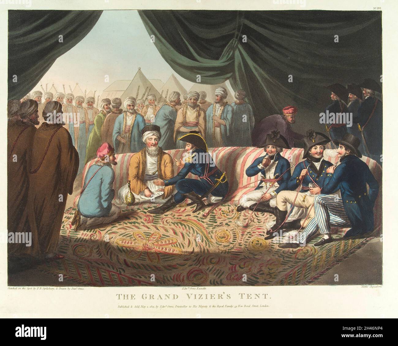 The Grand Vizier's Tent. The principle figure is that of the Vizier, seen applying his seal to the firman which authorised the British to enter Jerusalem. (L to R) Sir Sidney Smith, Lieutenant Bower, Mr Spurring and Mr Spilsbury 1799, during the Defence of the Ottoman Empire against General Bonaparte Stock Photo
