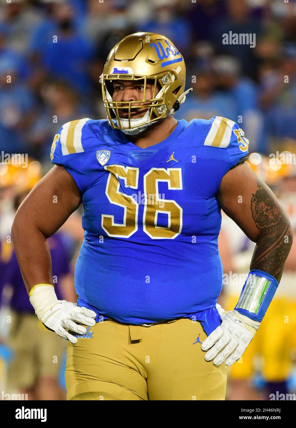 Pasadena, CA. 4th Sep, 2021. UCLA Bruins offensive guard (56) Atonio Afi in action versus the LSU Tigers at the Rose Bowl on September4, 2021. (Absolute Complete Photographer & Company Credit: Jose Marin/MarinMedia.org/Cal Sport Media (Network Television please contact your Sales Representative for Television usage.) (Television usage must over-burn ''MarinMedia'' on the top right corner of the screen to use on television). Credit: csm/Alamy Live News Stock Photo