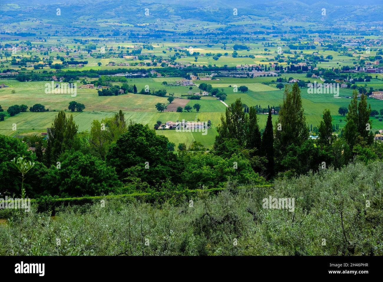 Looking towards the town of Assisi from the Basilica of San Francesco Assisi in Italy Stock Photo