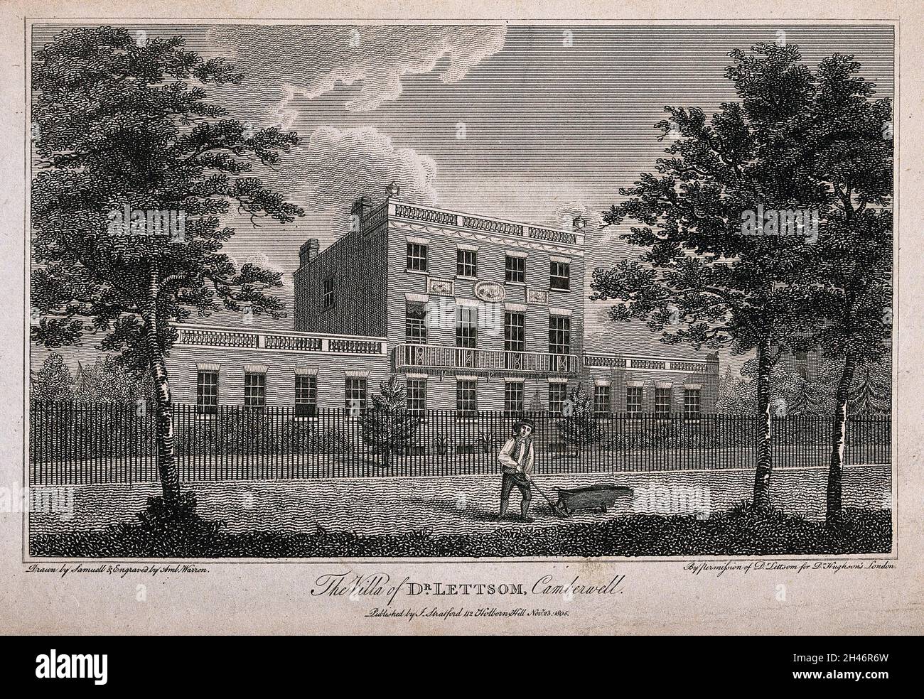 John Coakley Lettsom's house, Grove Hill, Camberwell, Surrey: view from the road. Engraving by Ambrose Warren after G. Samuel, 1805. Stock Photo