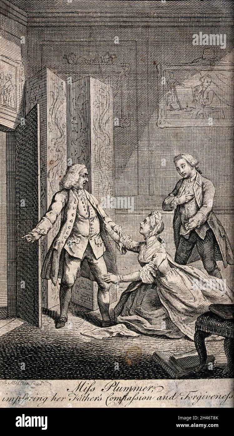 A young woman implores her father to allow her to marry a politician who supported a different candidate in the Brentford by-election. Engraving by J. Miller. Stock Photo