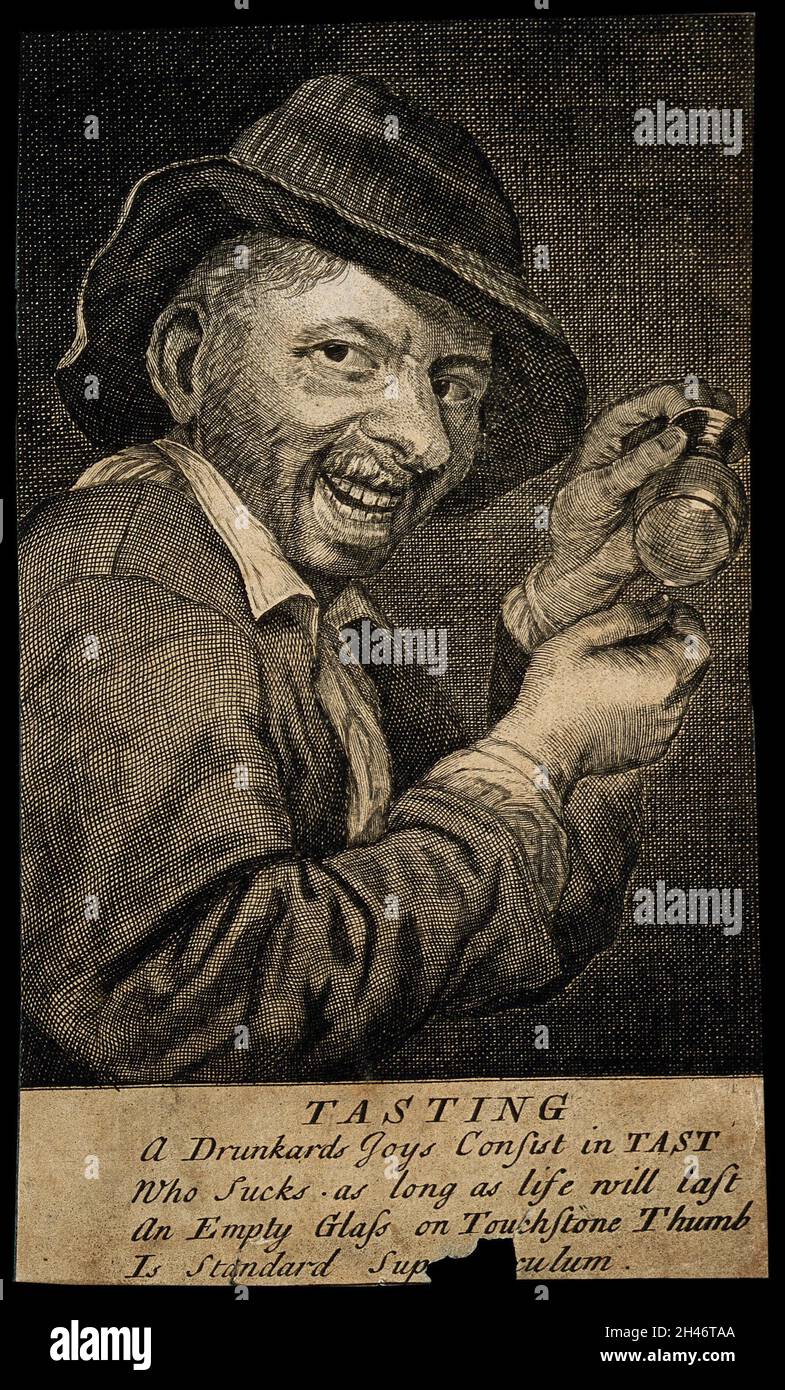 A drunkard with an empty glass; representing the sense of taste. Engraving, 16--. Stock Photo