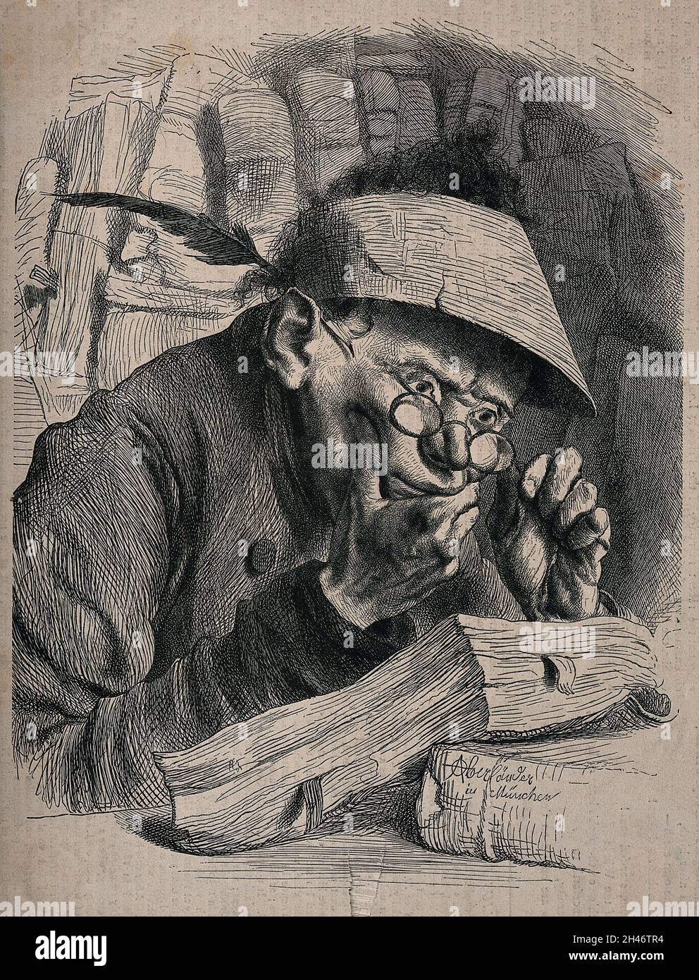 A young man sits reading ledgers at his desk wearing spectacles and an eyeshade. Wood engraving after A. Oberländer. Stock Photo