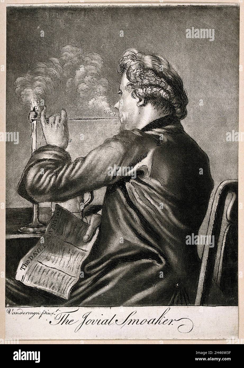 A man lighting his pipe from a candle while holding a newspaper ...