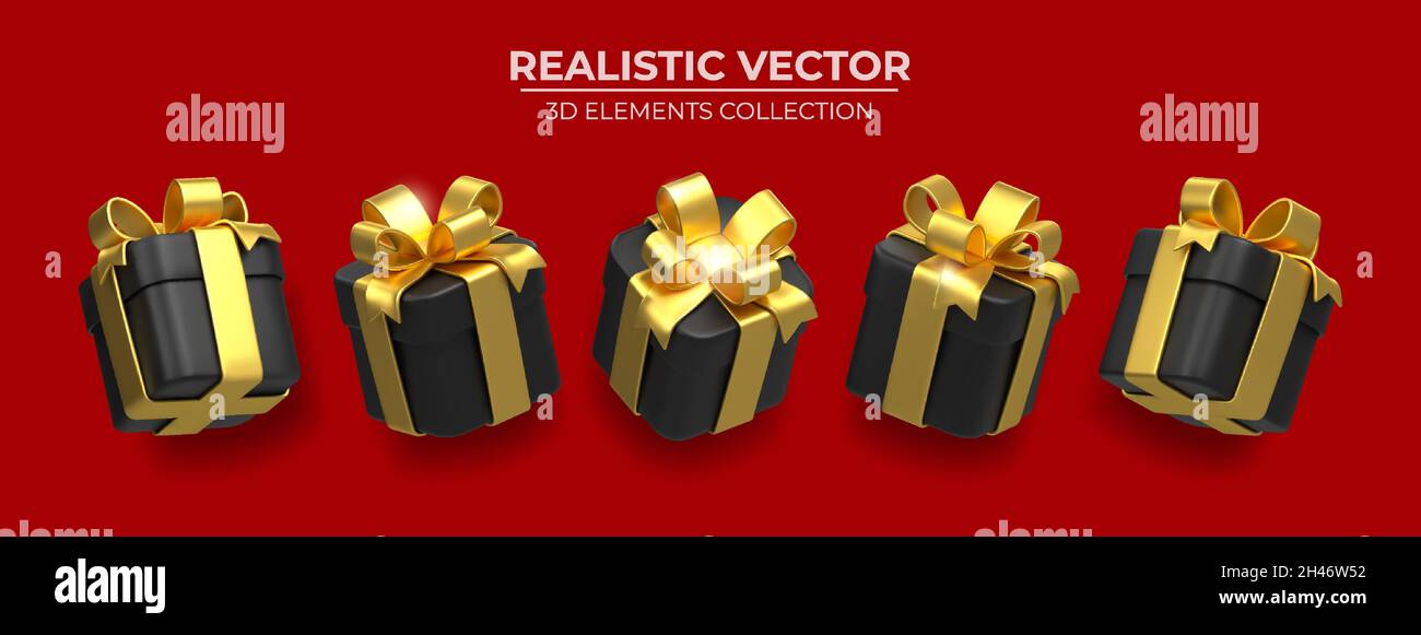Set of Realistic 3d black gift box with golden ribbons isolated on a ...
